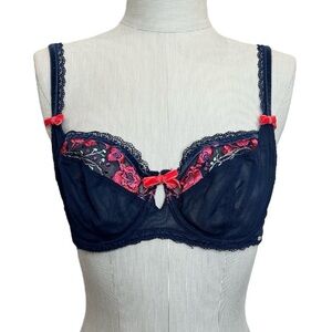 LEPEL Italy blue red floral embroidered velvet bow underwire mesh bra 32 DD